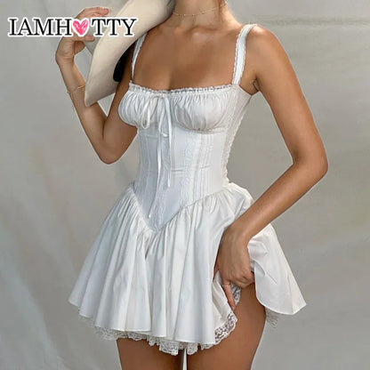 IAMHOTTY Abito a trapezio con pannello in pizzo di alta qualità Bianco Coquette Party Holiday senza maniche Mini abiti a corsetto Elegante dolce veste Nuovo