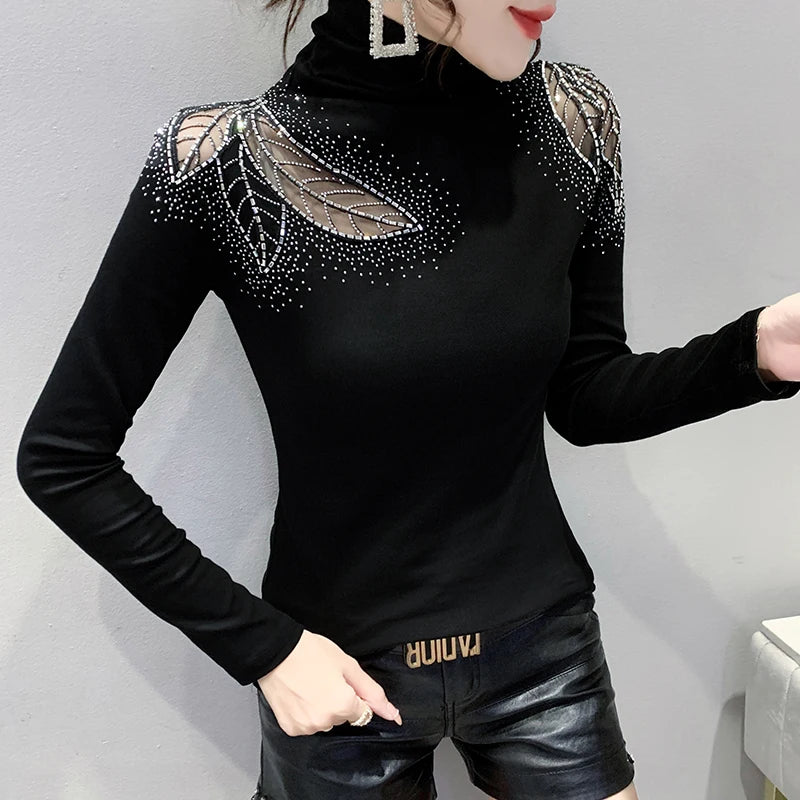 M-3XL Autumn Winter New Women's Tops Shirt Fashion Casual Turtleneck Long Sleeve Hollow Out Hot Drilling Black Mesh T-Shirt