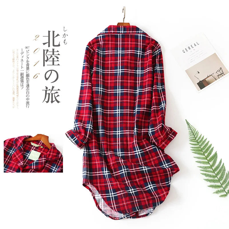 Flannel Cotton Home Nightdress Cardigan Shirt Night Dress Cute Cartoon Plaid Design Sleepwear Fashion Sleeping Shirt Woman