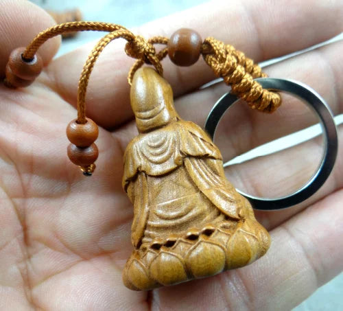 Natural Mahogany Three-dimensional Engraving Guanyin Barrel Keychain Buddha Key Chain Jewelry Gift For Men And Women 1pc