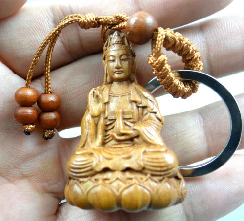 Natural Mahogany Three-dimensional Engraving Guanyin Barrel Keychain Buddha Key Chain Jewelry Gift For Men And Women 1pc