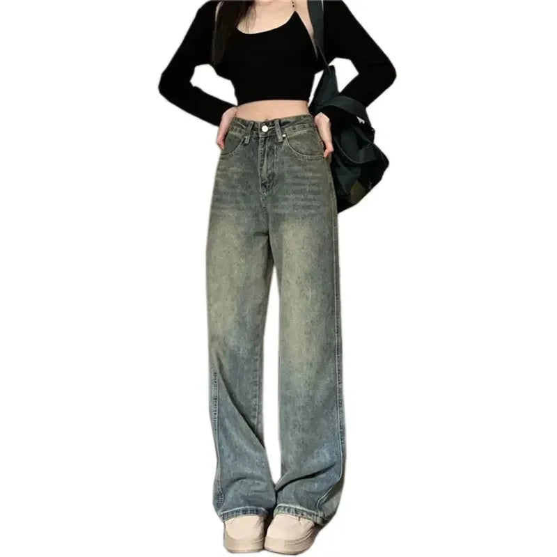 Vintage 90S Baggy Straight Denim Trousers Female Y2K High Waist Loose Wide Leg Jeans Women Streetwear All-Match Casual Pants New