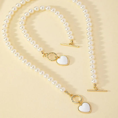 2 Pcs Immitation Pearl Necklace Bracelet Jewelry Set Elegant Pearl Color Pendant Natural Color Beads Collar For Girl