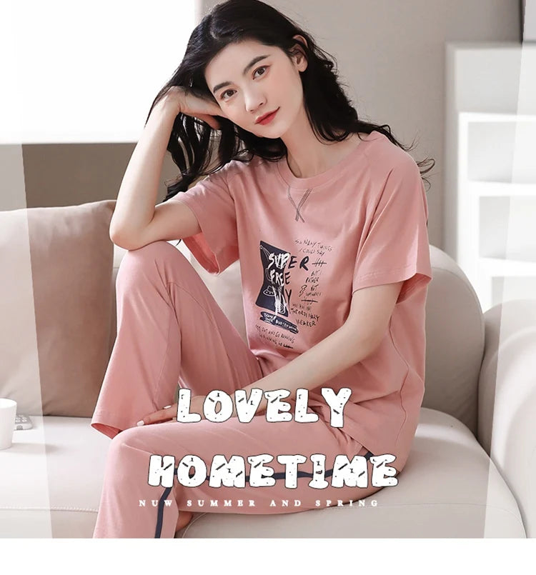 2024 Summer 100% Cotton Short Sleeve Long Pants Pajama Sets for Women Korean Cute Sleepwear Homewear Pijama Mujer Home Clothes