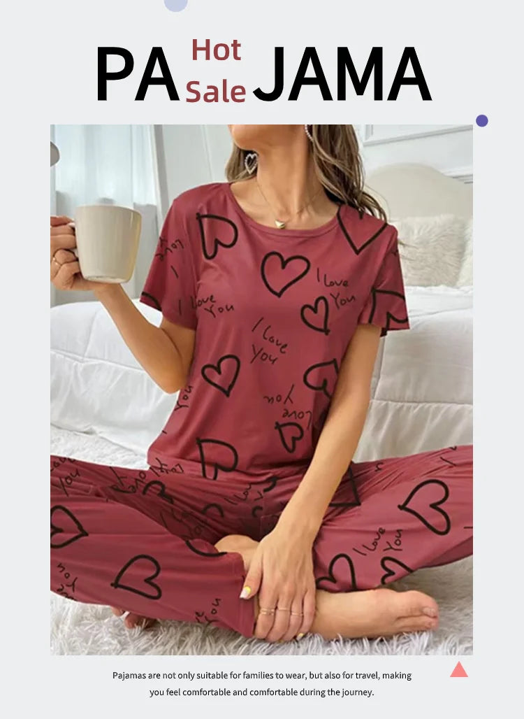 Women Pajamas Set Short Sleeve Shirt and Trousers Sleepwear Two Pieces Pyjamas Loungewear Nightwear Ladies Pijama Home Clothing