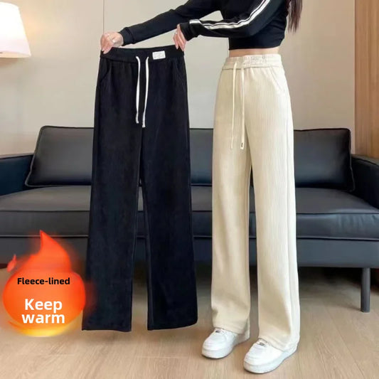 Fleece-lined Corduroy Bell Bottoms High-waisted Loose-fit Thickened Sport Casual Straight-leg Pants For Women