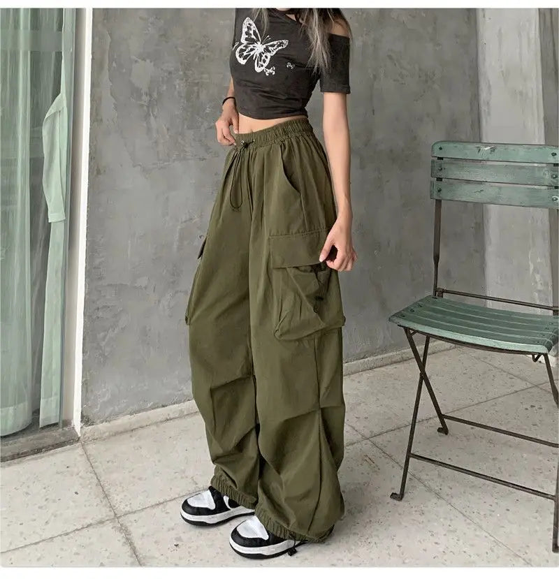 Women Long Cargo Pants Summer Elastic Waist Pocket Baggy Straight Loose Pants Casual Women Korean Trousers CDPF-WYP-51