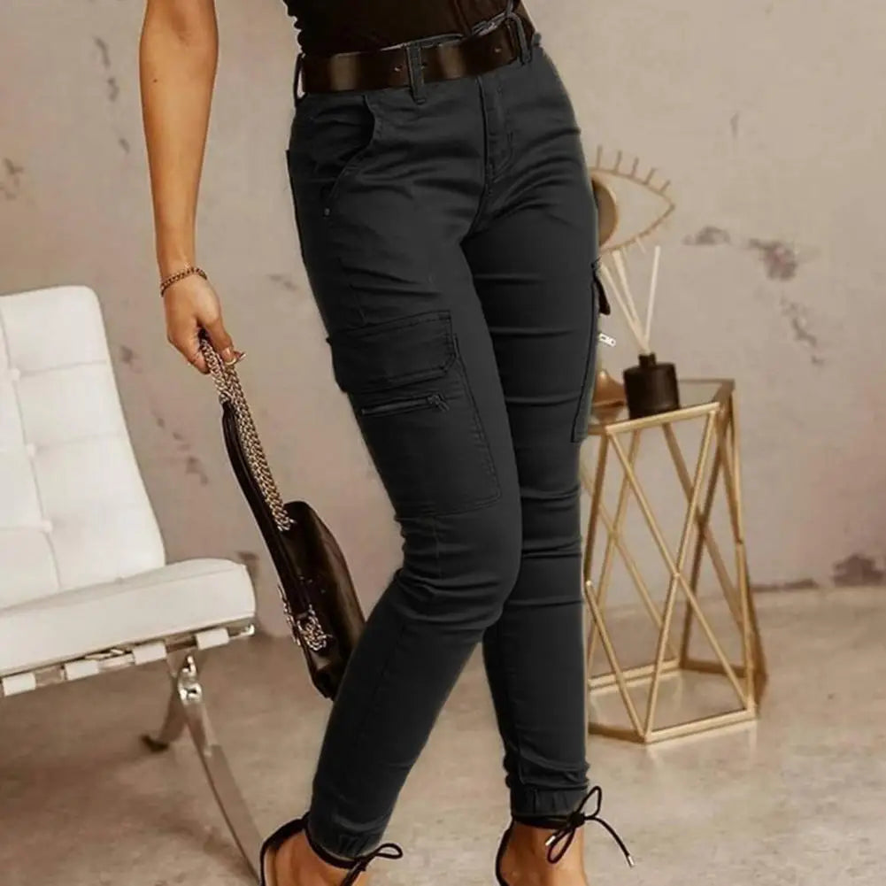 Casual Office Lady Trousers Lady Cargo Pants Low Waist Solid Color Ankle Tied Pants  Slim