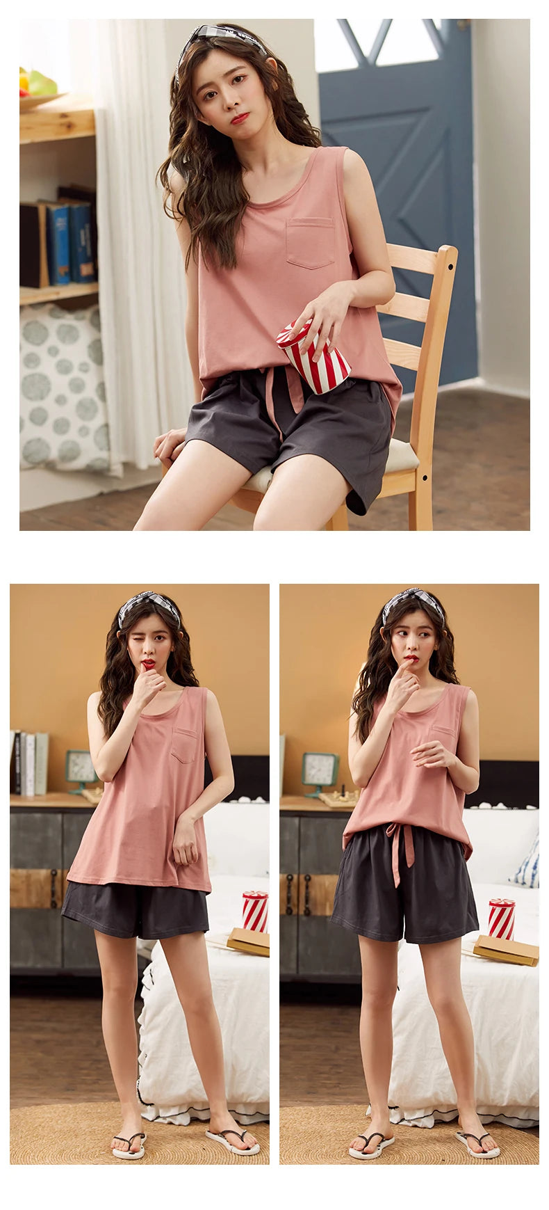 Pajamas for Women Summer Solid Sleepwear Cotton Pyjamas Set Tank Top Shorts Cute Underwear Set Soft Sleeveless Nightwear