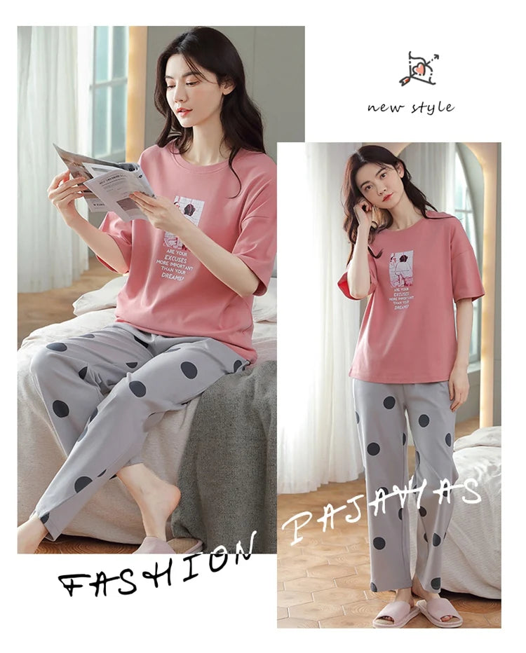 2024 Summer 100% Cotton Short Sleeve Long Pants Pajama Sets for Women Korean Cute Sleepwear Homewear Pijama Mujer Home Clothes