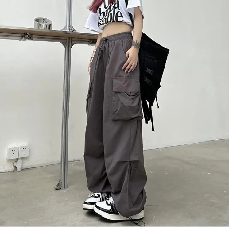 Women Long Cargo Pants Summer Elastic Waist Pocket Baggy Straight Loose Pants Casual Women Korean Trousers CDPF-WYP-51