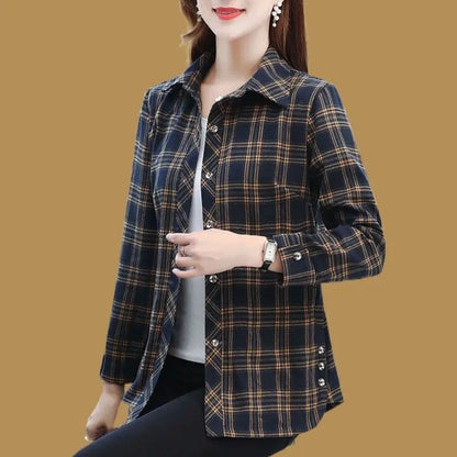 Spring Autumn Elegant Fashion Harajuku Plaid Tops Women Loose Casual All Match Lady Shirt Polo Collar Button Long Sleeve Blusa