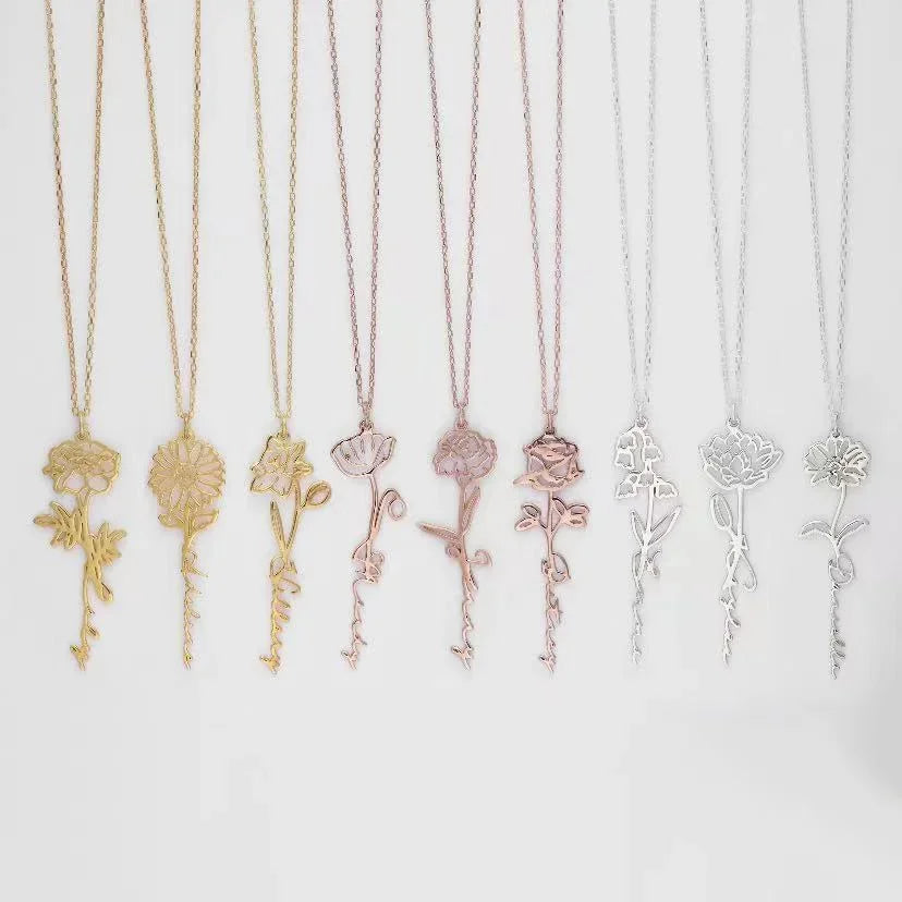 Collana personalizzata con nome fiore del mese di nascita per donna, gioielli in acciaio inossidabile, girocollo verticale personalizzato, regali di compleanno