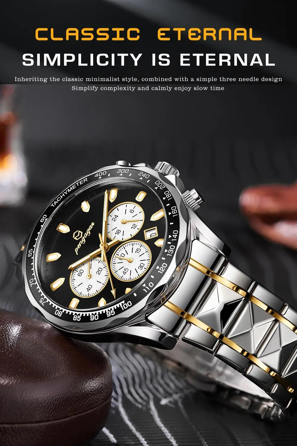 PENGAGAR Men's Watches Classic Multifunctional Chronograph Original Quartz Wristwatch Sports Stainless Steel Waterproof reloj