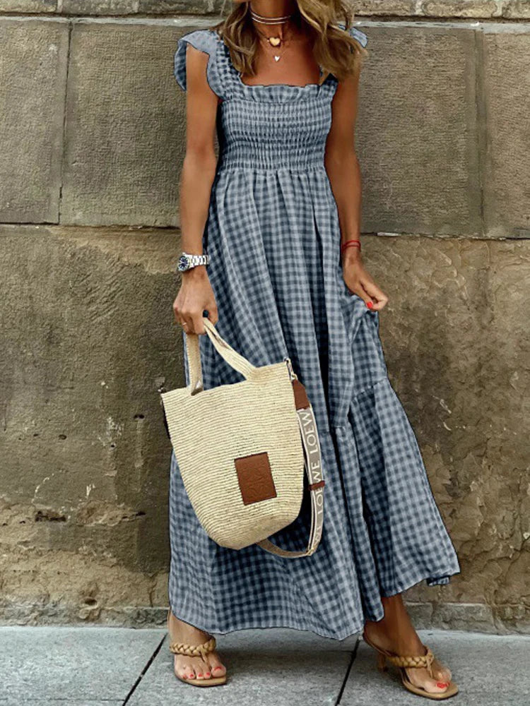 Elegant Plaid Slip Maxi Long Dress Summer Women Strapless Ruffle Backless Pleated Elastic Waist Boho Party Swing Loose Dresses