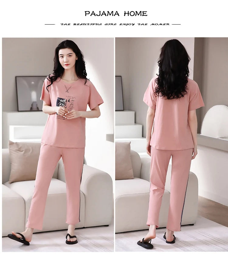 2024 Summer 100% Cotton Short Sleeve Long Pants Pajama Sets for Women Korean Cute Sleepwear Homewear Pijama Mujer Home Clothes