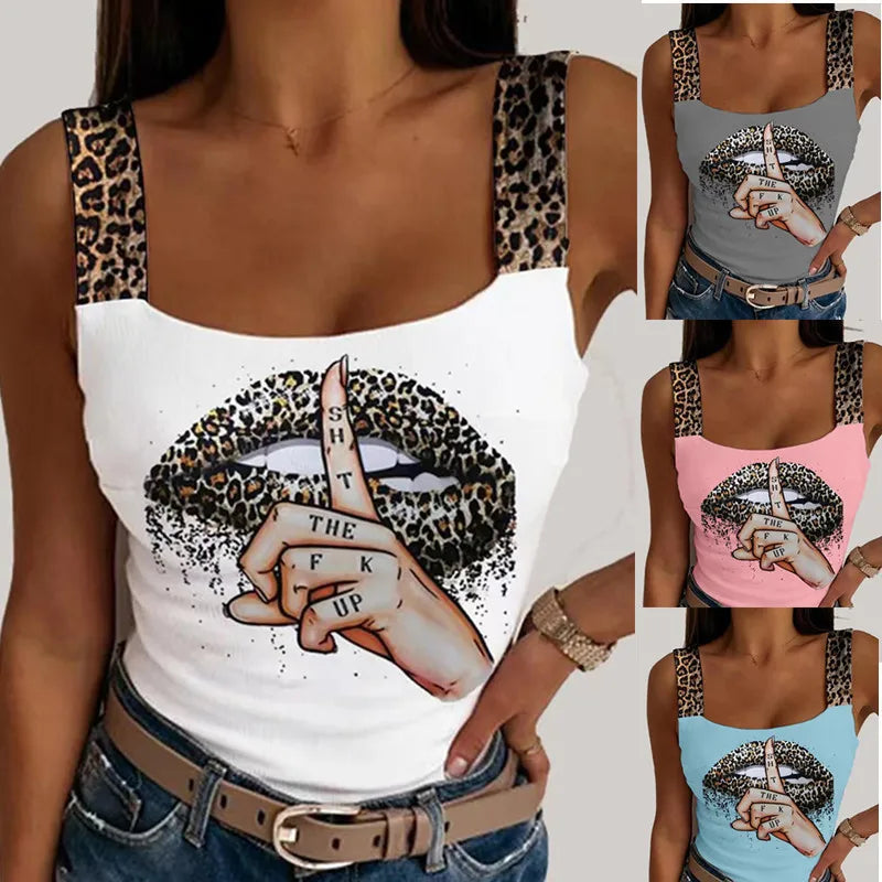 Sexy Tank Tops Women's Leopard Lips Print Sleeveless Crop Tops Fashion Party Club Summer Sleeveless Streetwear Bustier Tops