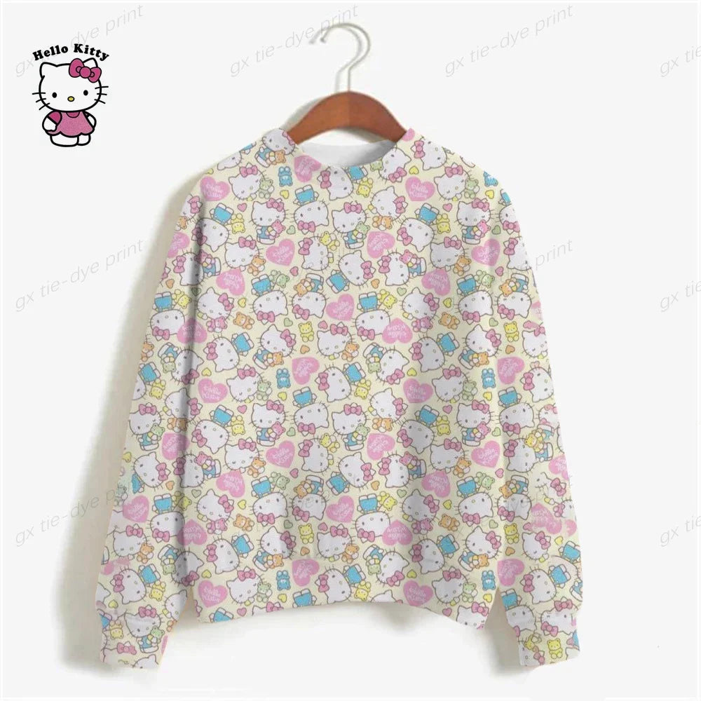 Korean Fashion Hoodies for Women Thin Chic Hooded HELLO KITTY Print Sweatshirt Female autumn Loose Cartoon Print Top y2k