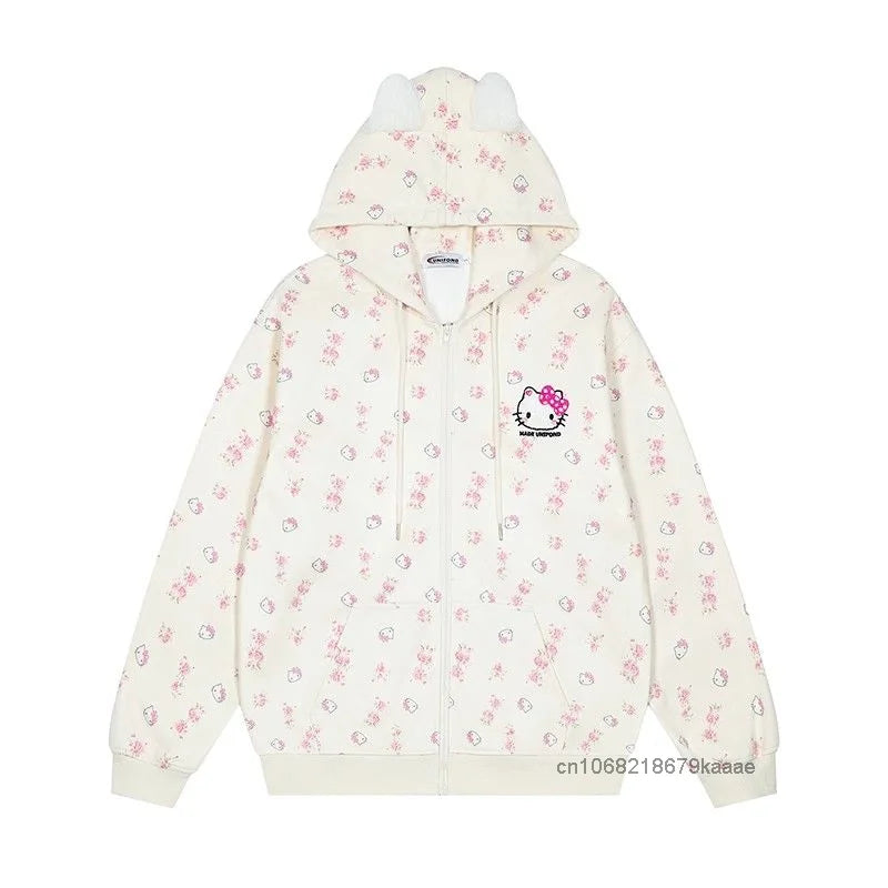 Sanrio Hello Kitty Cute Cat Hoodie Women's Autumn Winter New Loose Lazy Cardigan Japanese Style Y2k Sweet Soft Girl Trendy Coat