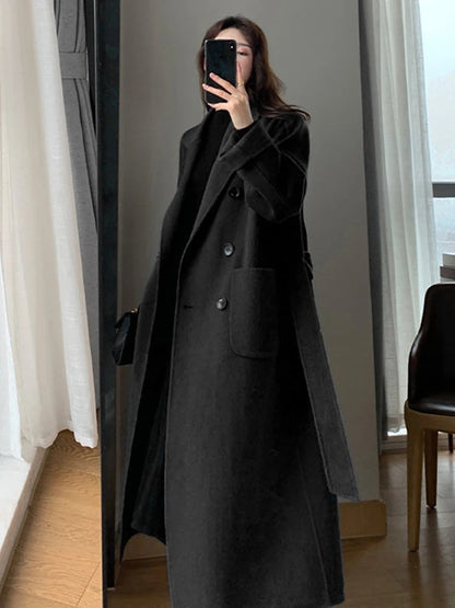 Jmprs Winter Woolen Long Coat Casual Women Double Breasted Faux Wool Jacket Fall Fashion Korean Ladies Black Clothes New