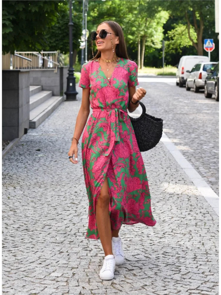 Women V Neck Split Lace-up Dress Floral Print Long Dresses Summer Sexy Female Casual Elegant Short Sleeve Beach Dress Vestidos