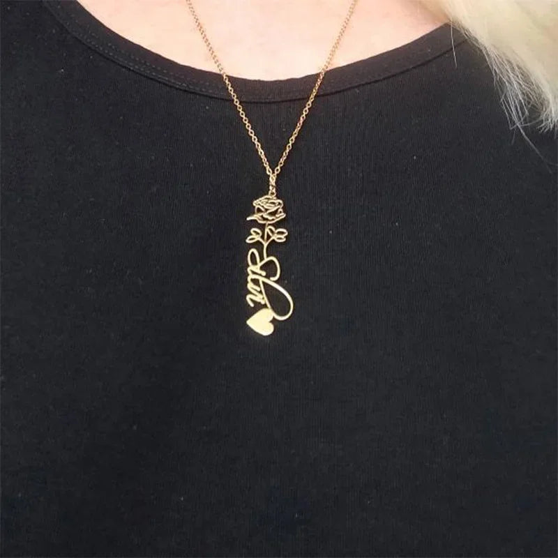 Collana personalizzata con nome fiore del mese di nascita per donna, gioielli in acciaio inossidabile, girocollo verticale personalizzato, regali di compleanno