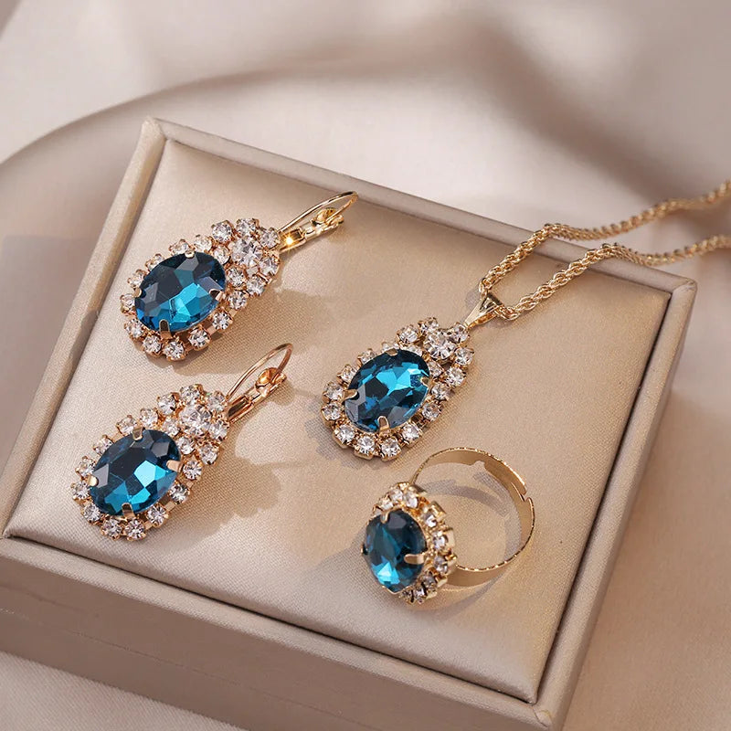 Set di orecchini con collana ad anello in cristallo blu, set di gioielli da sposa per spose, orecchini pendenti per ragazze, donne, set di gioielli africani