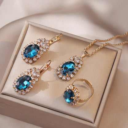 Blue Cyrstal Ring Necklace Earrings Set Wedding Jewelry Sets For Brides Pendant Earrings For Girls Women African Jewelry Sets