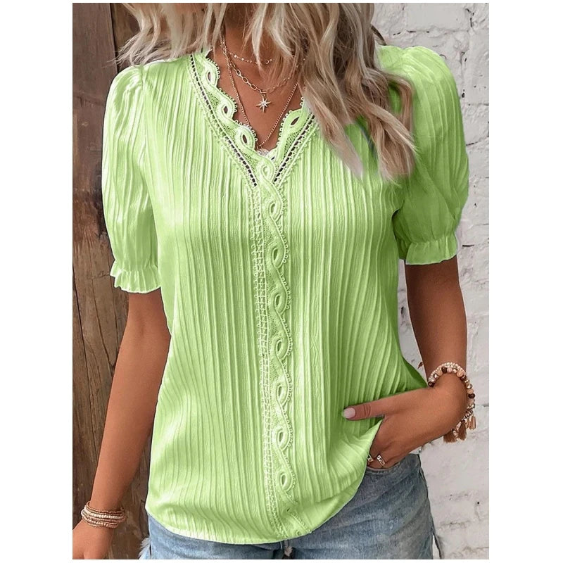 Elegant Blouse Solid Shirt Lace 2023 Summer Fashion Hollow Short Sleeve Pullover Top Office Lady Shirt S-5XL