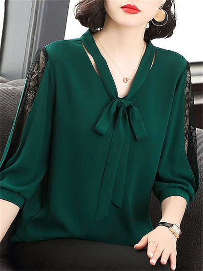 Women Spring Summer Style Blouses Tops Lady Casual Bow Tie Colloar Half Lace Sleeve Loose Blusas