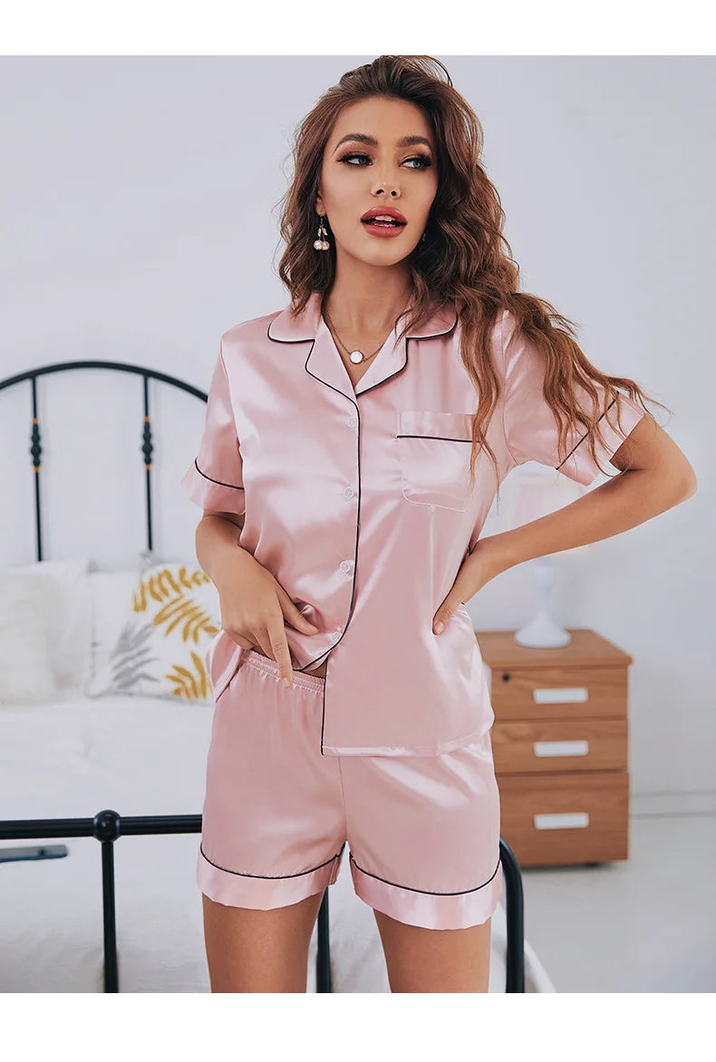 Comfortable Breathable Short Sleeve Shorts Women's Home Wear Women's Silk Pajamas Set Large Size Fashion Simple