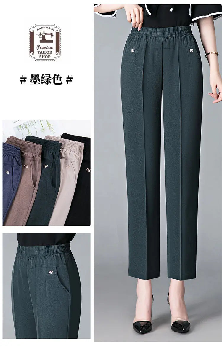 Vintage Loose Straight Pants Spring Summer Thin Women Streetwear Office Lady Casual Elastic High Waist Cropped Trousers 5XL