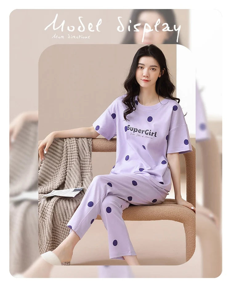 2024 Summer 100% Cotton Short Sleeve Long Pants Pajama Sets for Women Korean Cute Sleepwear Homewear Pijama Mujer Home Clothes