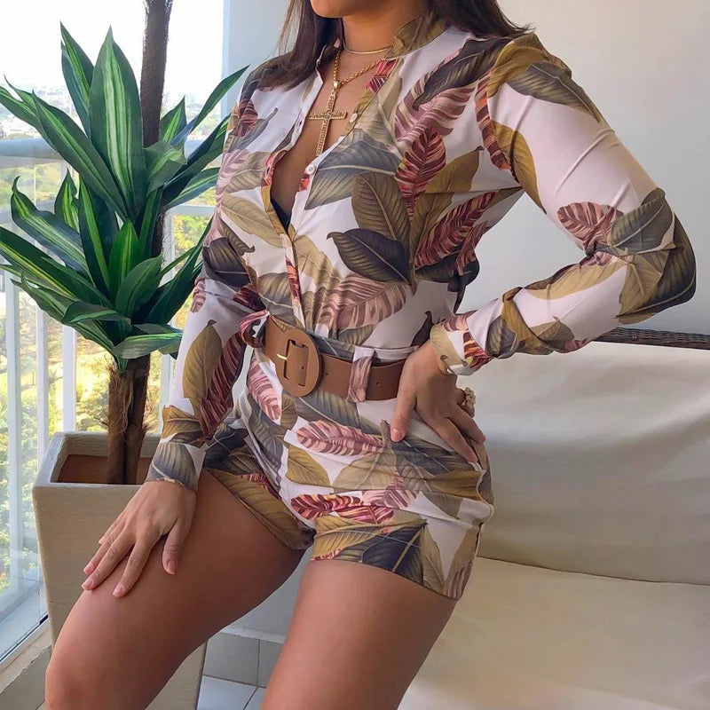 Womens Two Piece Sets Outfit Leaf Print Button Down Shirt & Shorts Set New Fashion 2023 Summer Casua Female Clothing Outfits