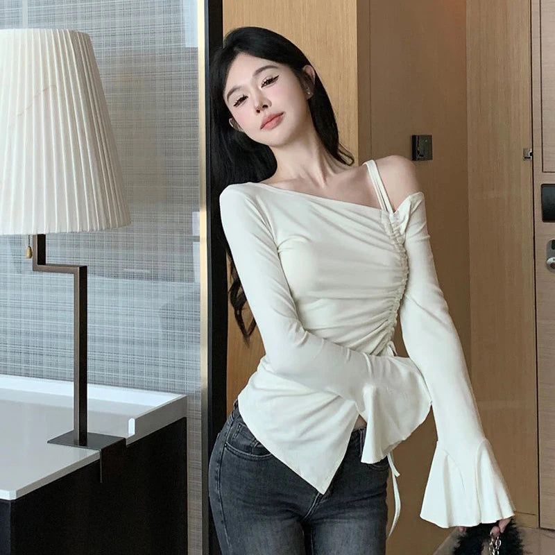 Spring Sweet Women T Shirts Korean Lace Up Off Shoulder Female Casual Tees Folds Long Sleeve Skew Collar Ladies Crop Tops