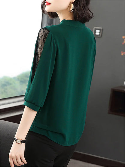 Women Spring Summer Style Blouses Tops Lady Casual Bow Tie Colloar Half Lace Sleeve Loose Blusas