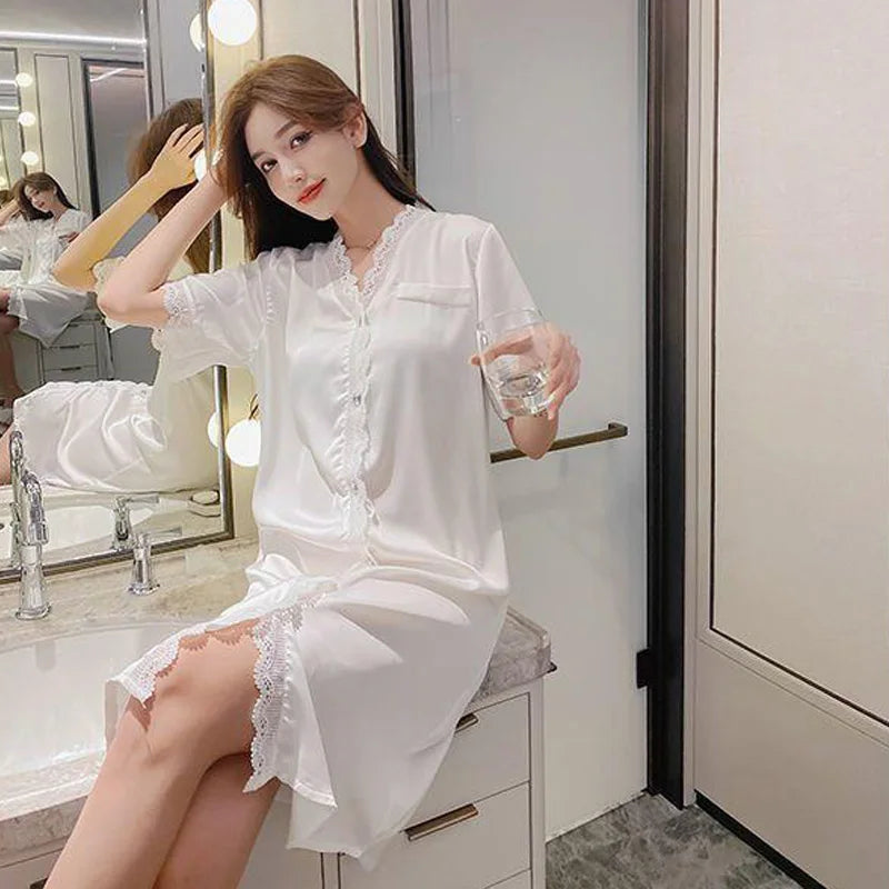 Elegant Ladies Short-Sleeved Pyjamas Sweet Wind Summer Sexy Nightgown V-Neck Cardigan Lace Lace Casual Home Wear Nightgowns