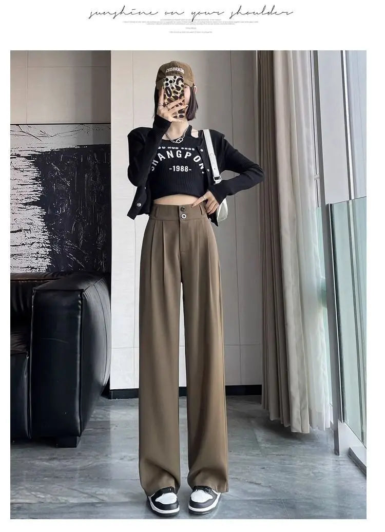 Korean High Waist Wide Leg Trousers Female Fall Summer Casual Loose Office Lady Suit Pants Fashion Baggy Outwear Clothing