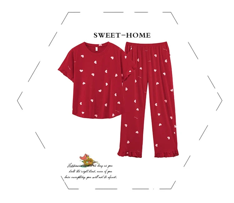 2024 Summer 100% Cotton Short Sleeve Long Pants Pajama Sets for Women Korean Cute Sleepwear Homewear Pijama Mujer Home Clothes