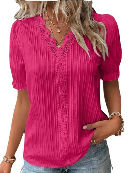 Women's Summer New Top 2024 Solid Sexy V-Neck Hollow Short Sleeve