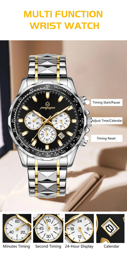 PENGAGAR Men's Watches Classic Multifunctional Chronograph Original Quartz Wristwatch Sports Stainless Steel Waterproof reloj