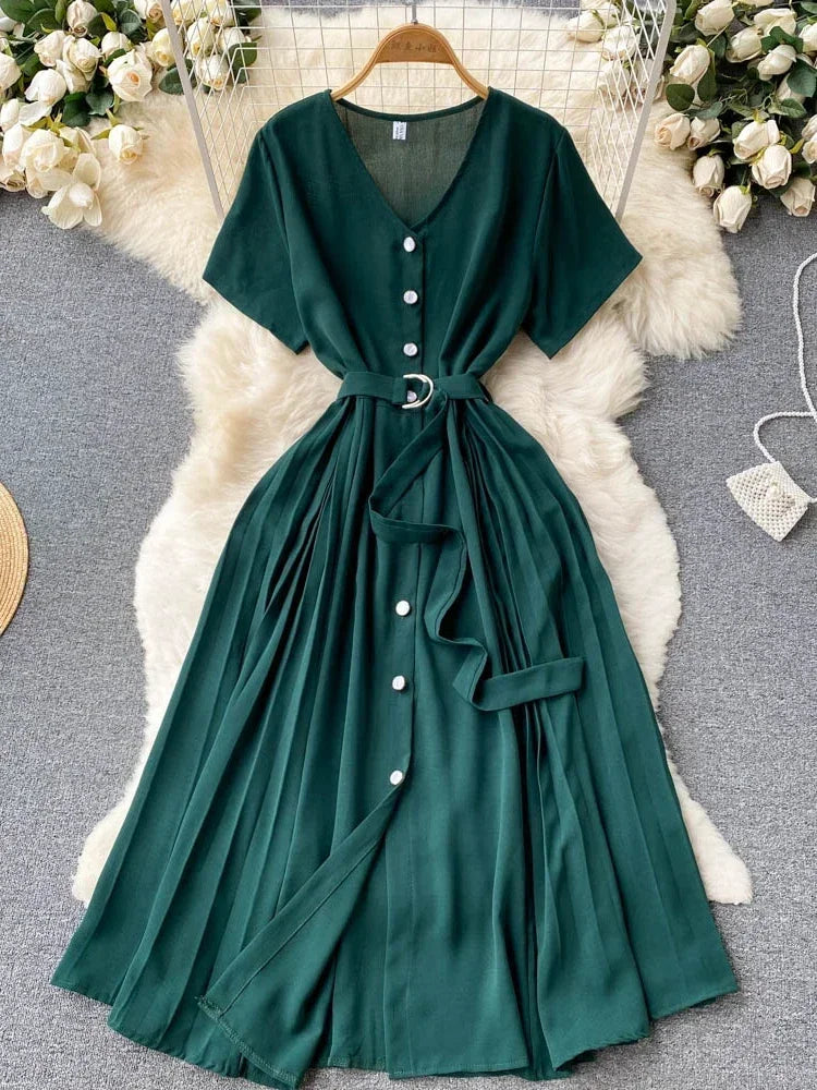 Summer Vintage V-Neck Single Breasted Midi Dress For Women Elegant Short Sleeve High Waist A-Line Slim Green/Red/Purple Vestidos