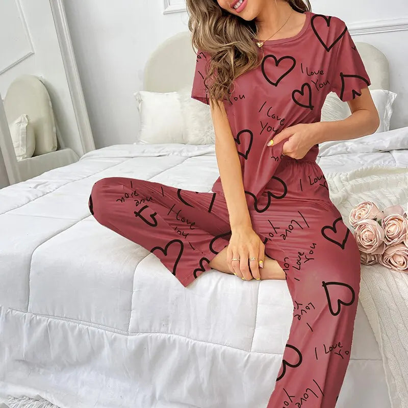 Women Pajamas Set Short Sleeve Shirt and Trousers Sleepwear Two Pieces Pyjamas Loungewear Nightwear Ladies Pijama Home Clothing