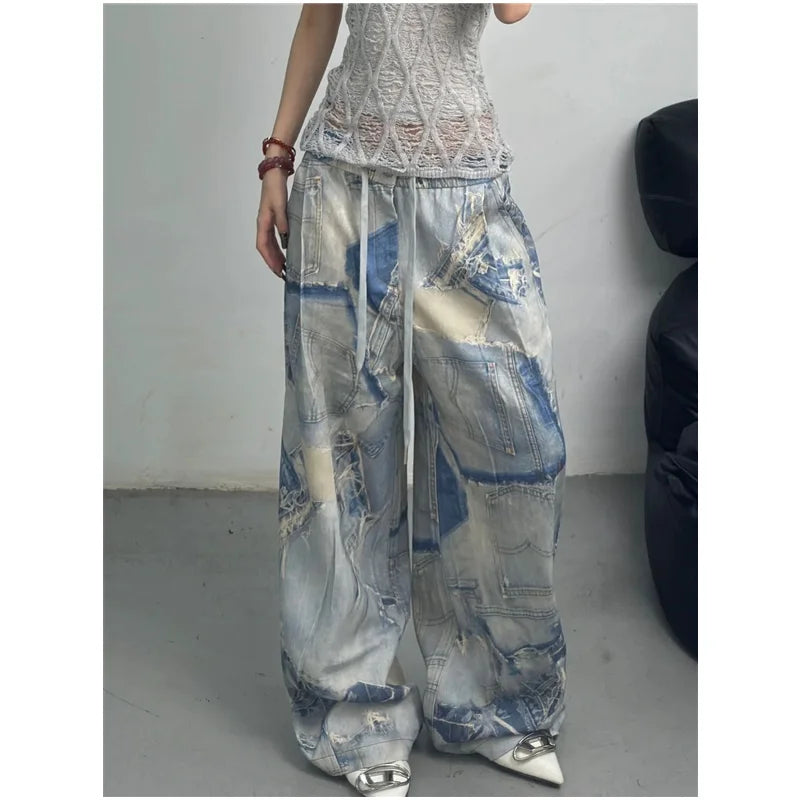 High Waist Women Tie Dyeing Jeans Hip-hop Style Vintage Streetwear Y2K Wide Leg Jean Plus Size Female Trouser Baggy Denim Pants