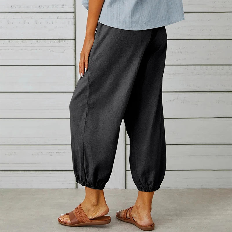 S-5XL Size Summer Loose Cotton And Linen Female Cropped Pants High Waist Korean Solid Casual Flax Wide Leg Pants Trousers