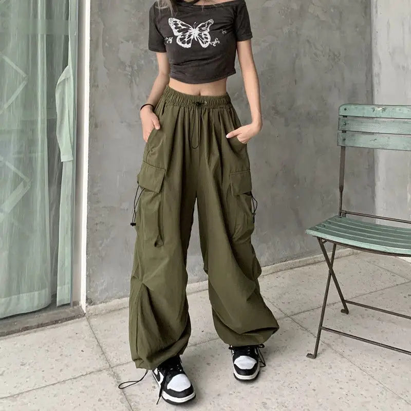 Women Long Cargo Pants Summer Elastic Waist Pocket Baggy Straight Loose Pants Casual Women Korean Trousers CDPF-WYP-51