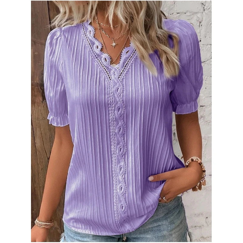 Elegant Blouse Solid Shirt Lace 2023 Summer Fashion Hollow Short Sleeve Pullover Top Office Lady Shirt S-5XL