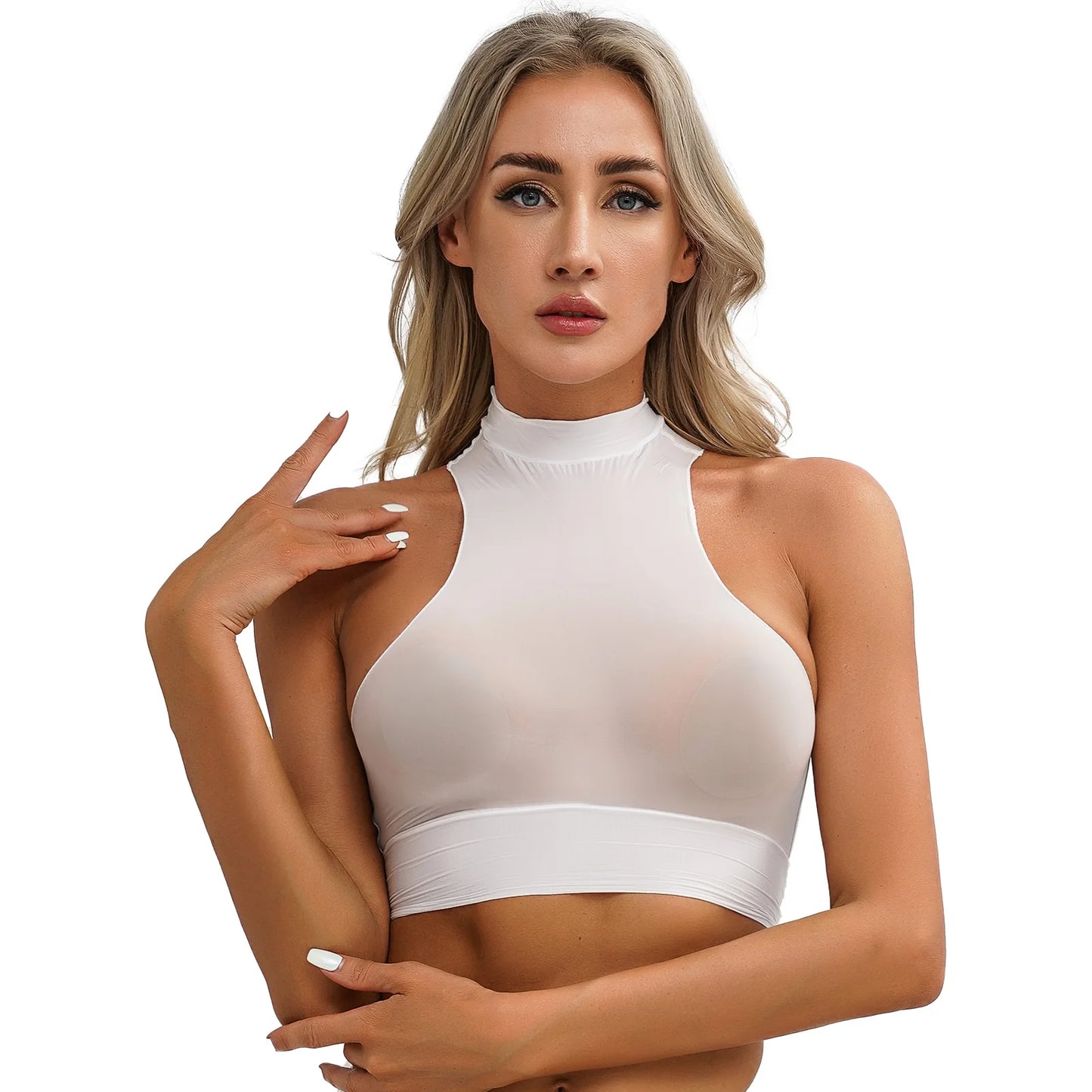 Womens Glossy Crop Tops Mock Neck Sleeveless Sheer See-Through Slim Fit Vest Tops for Swimwear Pool Party Clubwear Nightwear