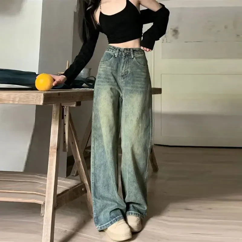 Vintage 90S Baggy Straight Denim Trousers Female Y2K High Waist Loose Wide Leg Jeans Women Streetwear All-Match Casual Pants New