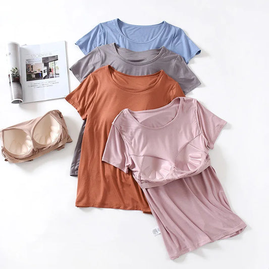 Chest Pad Lingerie Feminina Sleepwear New Modal Home T-shirt Sleep Tops Short Sleeve Summer Pajama For Women Sleeping Wear